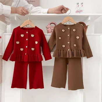 Children's Clothes Set Korean Style Autumn Sweater Suit Sweet Bear Long Sleeve Cardigan Casual Pants for Baby Girls