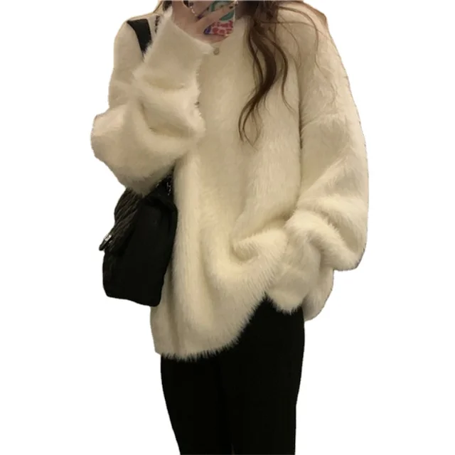 Women's new loose pullover sweater velvet collar knitted long warm coat spring and fall lazy wind style