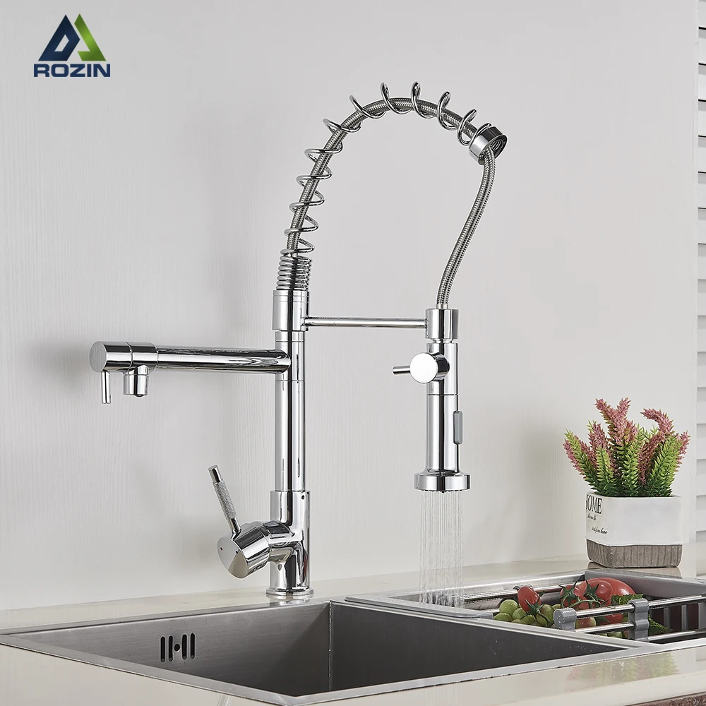 Dual Function Pull Out Spray Swiveling Kitchen Faucet Porcelain Handle in Chrome 