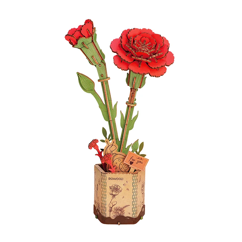 Robotime Wood Crafts Home Decoration Miniature Toys TW052 Red Carnation Flower Model Kit DIY 3D Wooden Puzzles