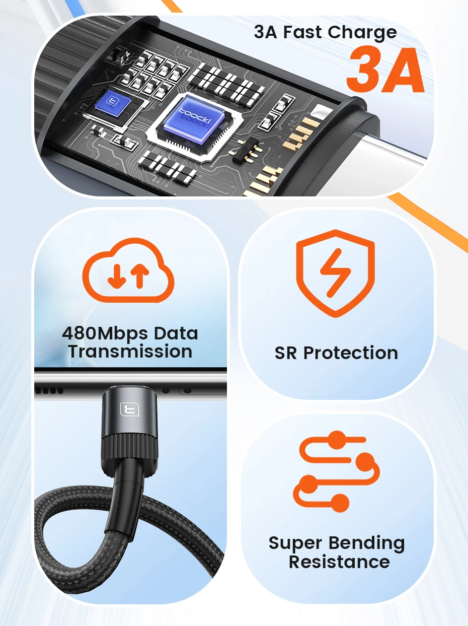 Toocki Usb C Data Cable Wire Roll 4 Core Usb Type C Cable 3a Fast