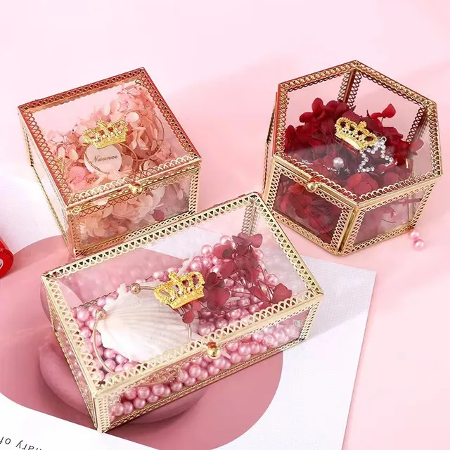 Jewelry Box New Trend Metal Storage Luxury Glass Gift Bracelet Necklace Jewellery Ring Box Small Packaging Box Flower House