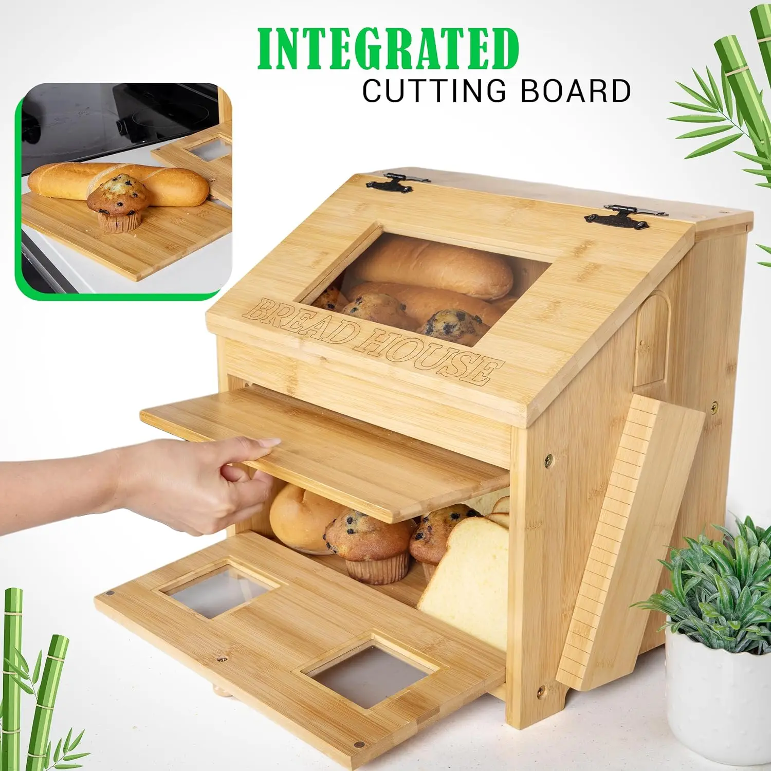 Large Kitchen Countertop Wooden Bamboo Bread Box With Novelty Design
