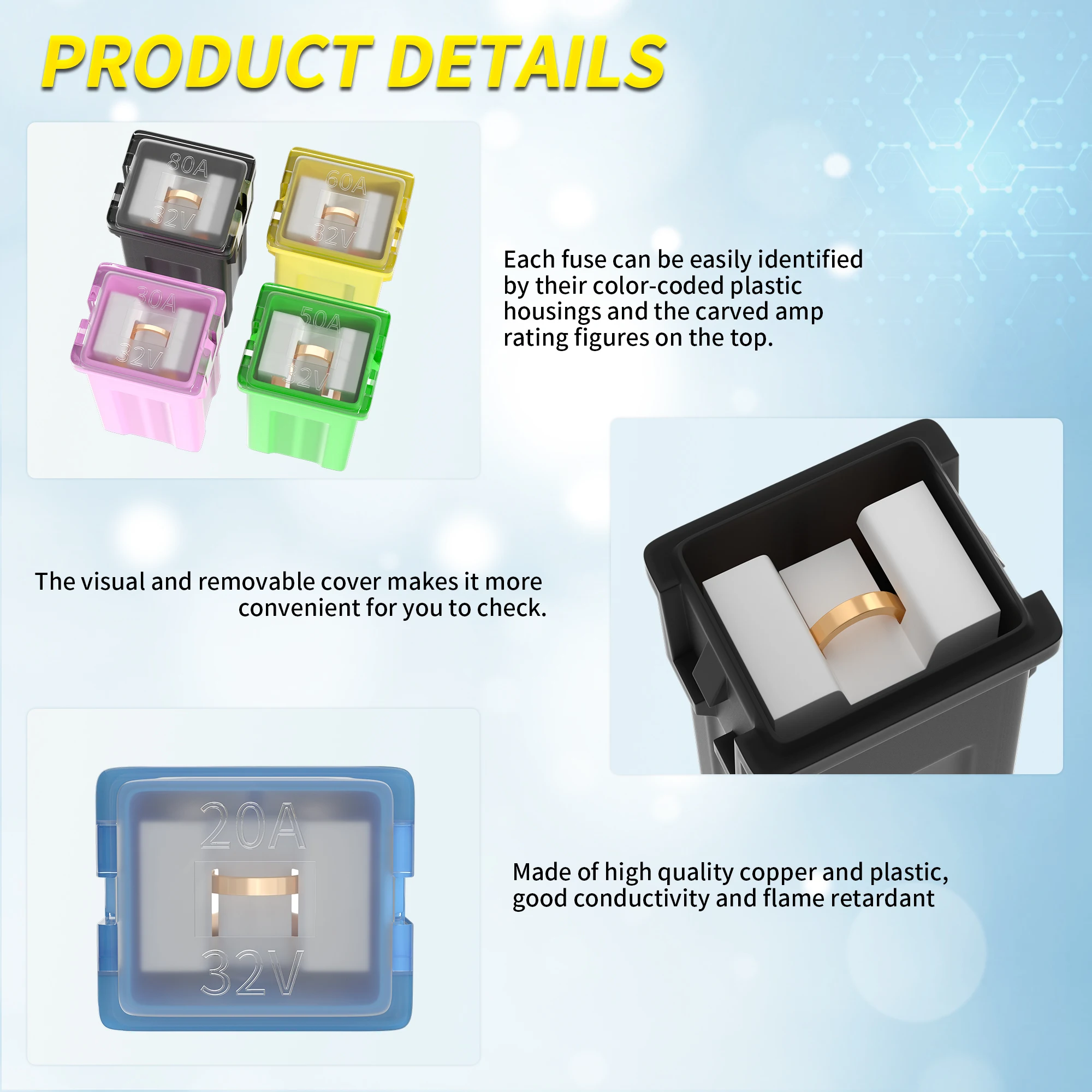 Jcase Fuse Link 20A 30A 40A 50A 60A 80A Car Fuses Square Colorful Mini Fuse Box