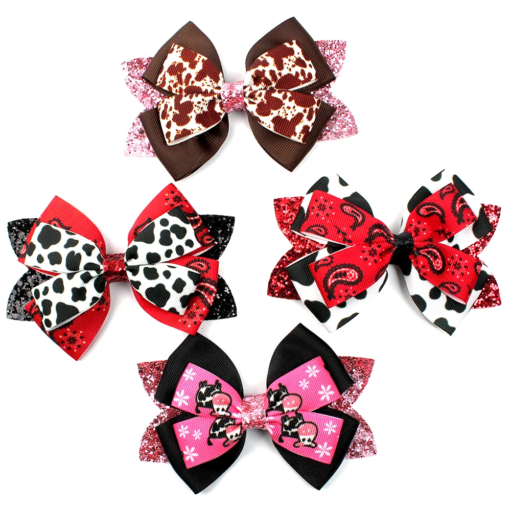 4'' Western Cowgirl Hair Bows Cow Girl Glitter Leather Hair Clip For
