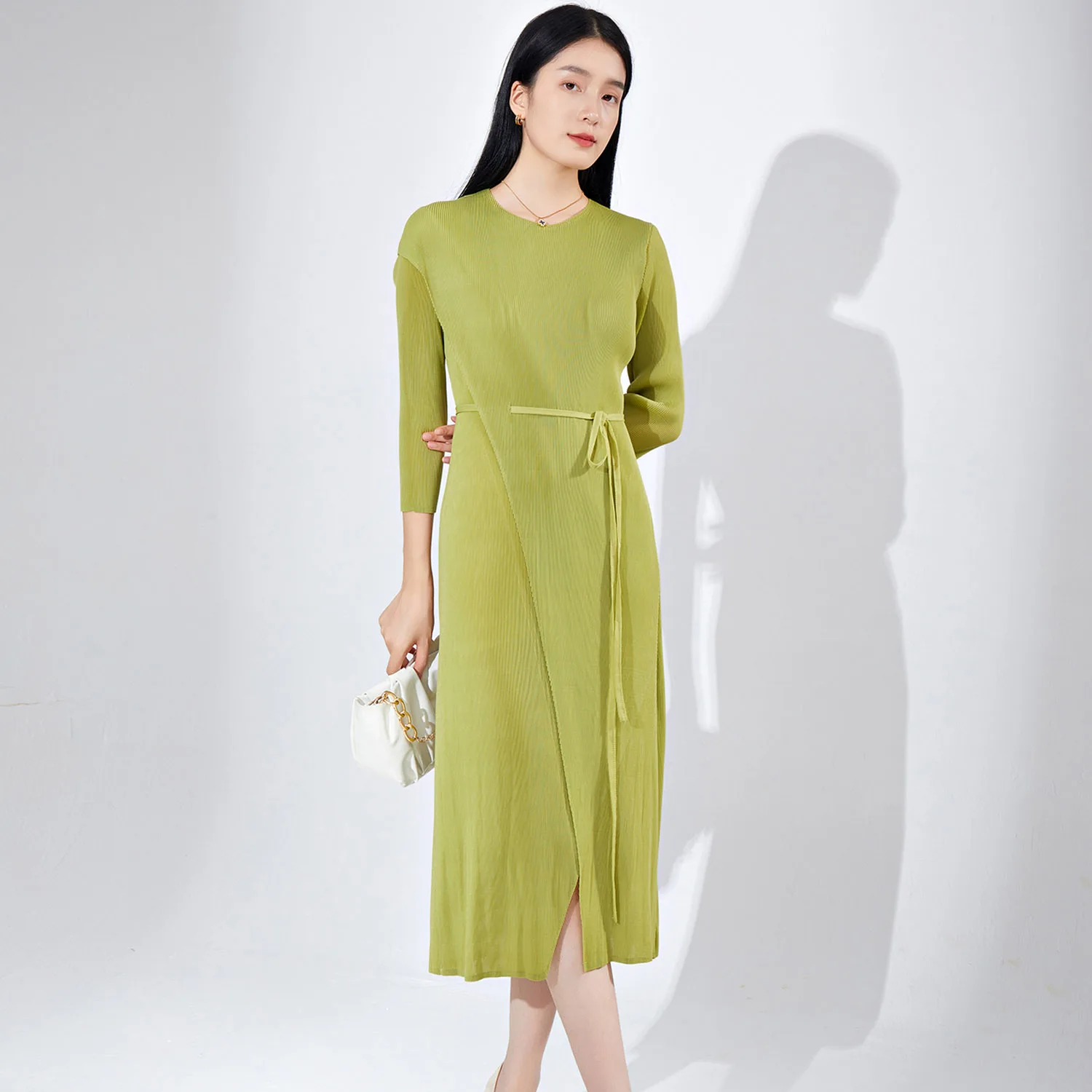 slimming casual dresses 2026 New Arrival Elegant Ladies Dress Pleats Solid Color Irregular Hem  Slimming Design Belt Casual Dress Long Printed Dress