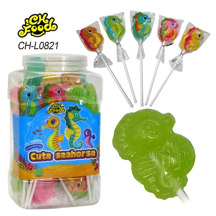 Custom High Quality Cartoon Sea Horse Shape Lollipop POP Hard Candy Wholesale Fruit Flavor Halal Candy