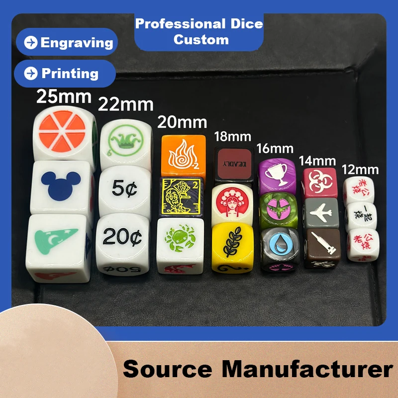 Small Batch Custom Advertising Dice 16mm 18MM 20MM 25MM 6 Side Printing Carved Square Round Dice White Cube Promotion Small Gift