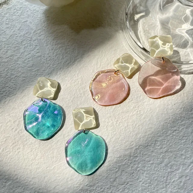 Summer Women's Fashion Drop Earrings Peach Powder with Water Ripple and Dreamy Blue Gentle and Sweet Permeable Ear Jewelry