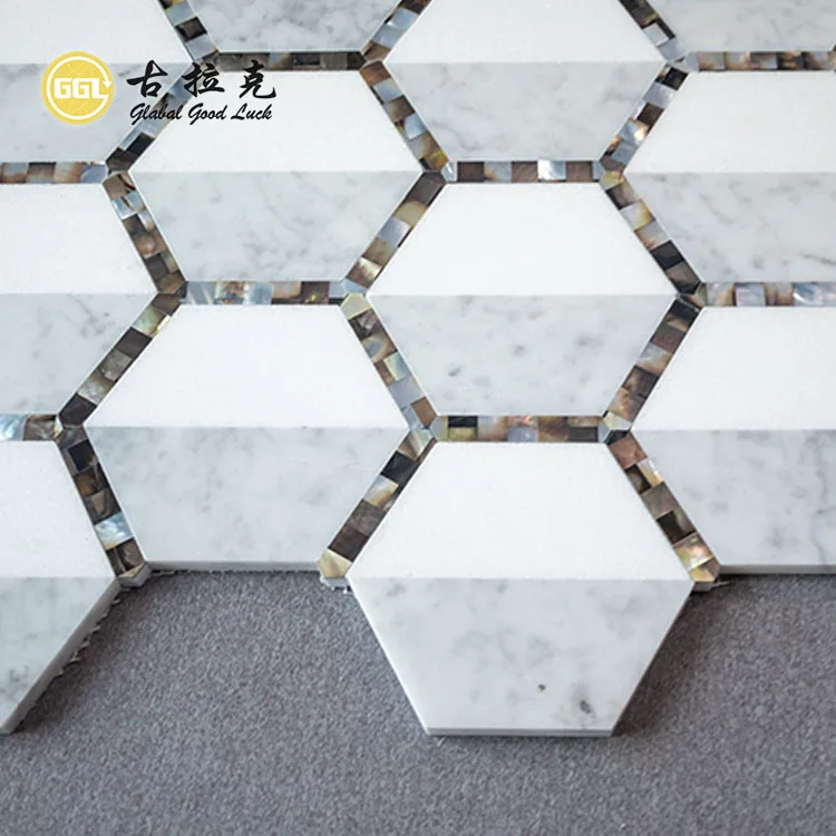 Hexagon Shape Thassos White Marble Mix Shell Waterjet Mosaic Tiles manufacture