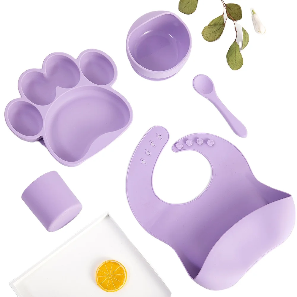 Customizable lovely simple solid silicone feeding set bib fork spoon bowl cup set Easy to clean