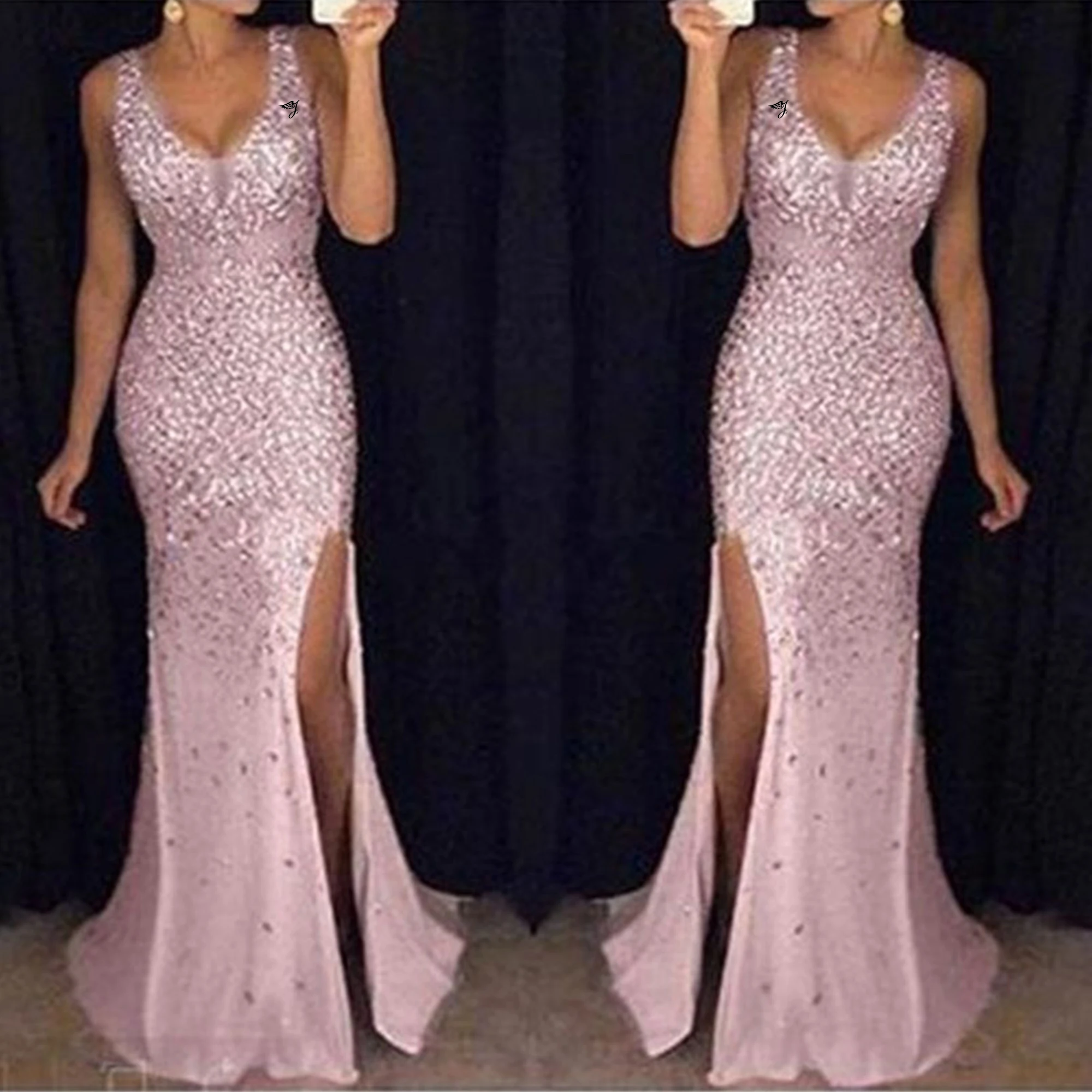 Fast Shipping Wholesale Customized V-Neck Slit Gold Sprinkles Woman Long Open Sexy Boobs Party Night Dress