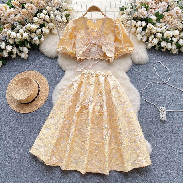 LE2089 French Court Style Small Exquisite Jacquard Design Set Female Puffed Sleeve Top High Waist Skirt