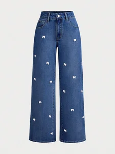 2026 New High Waist Women Jeans Straight Wide Leg Denim Pants with Bowknot Solid Color Metallic Fabric Woven Weave for Women