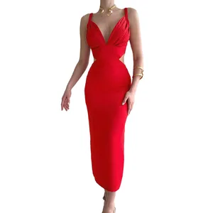 High Quality Elegant Women Causal Cut Out Solid Red V-Neck Sexy Slim Fit Ladies Party Long Dresses