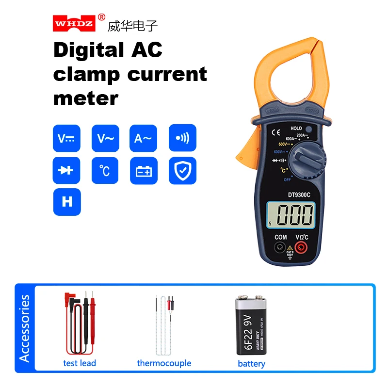 Digital Clamp Meter with Temperature Continuity Data Hold DT9300C