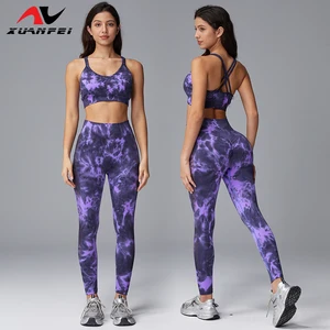 Fashionable New Style Slimming and Sexy Women's Sports and Fitness Clothing Purple Tie-Dyed Bra Yoga Wear Set