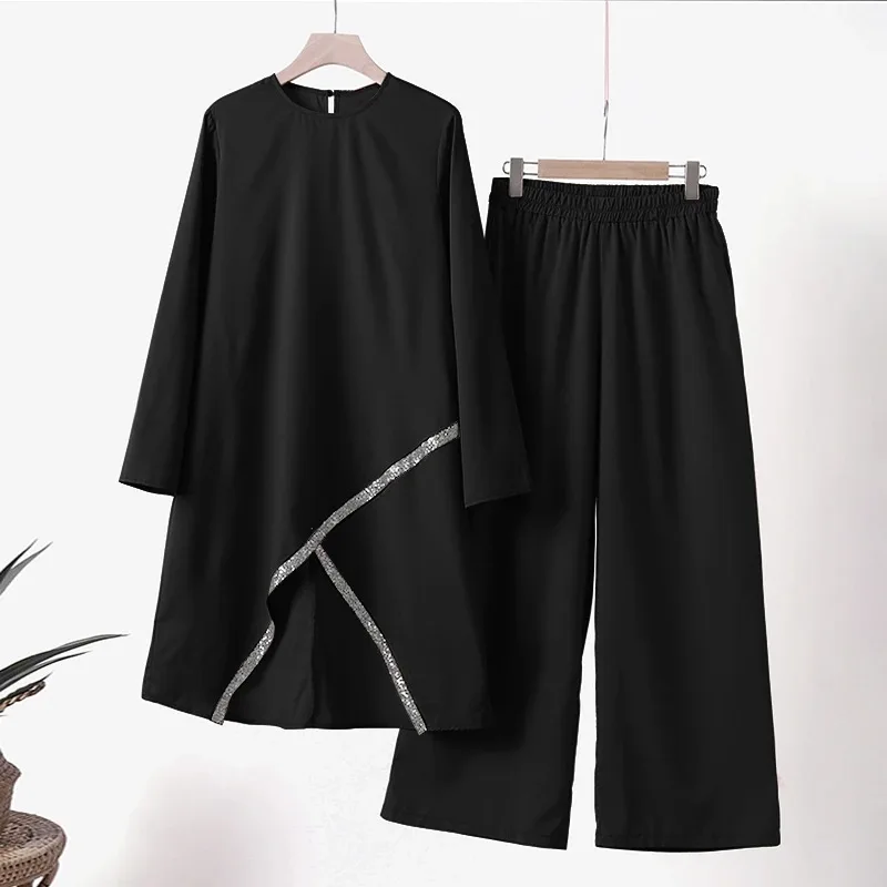 Wholesale Women's Islamic Clothing Set-O-Neck Top Trouser Solid Pattern Casual Style Arab Muslim Abaya for Summer 2 Pieces