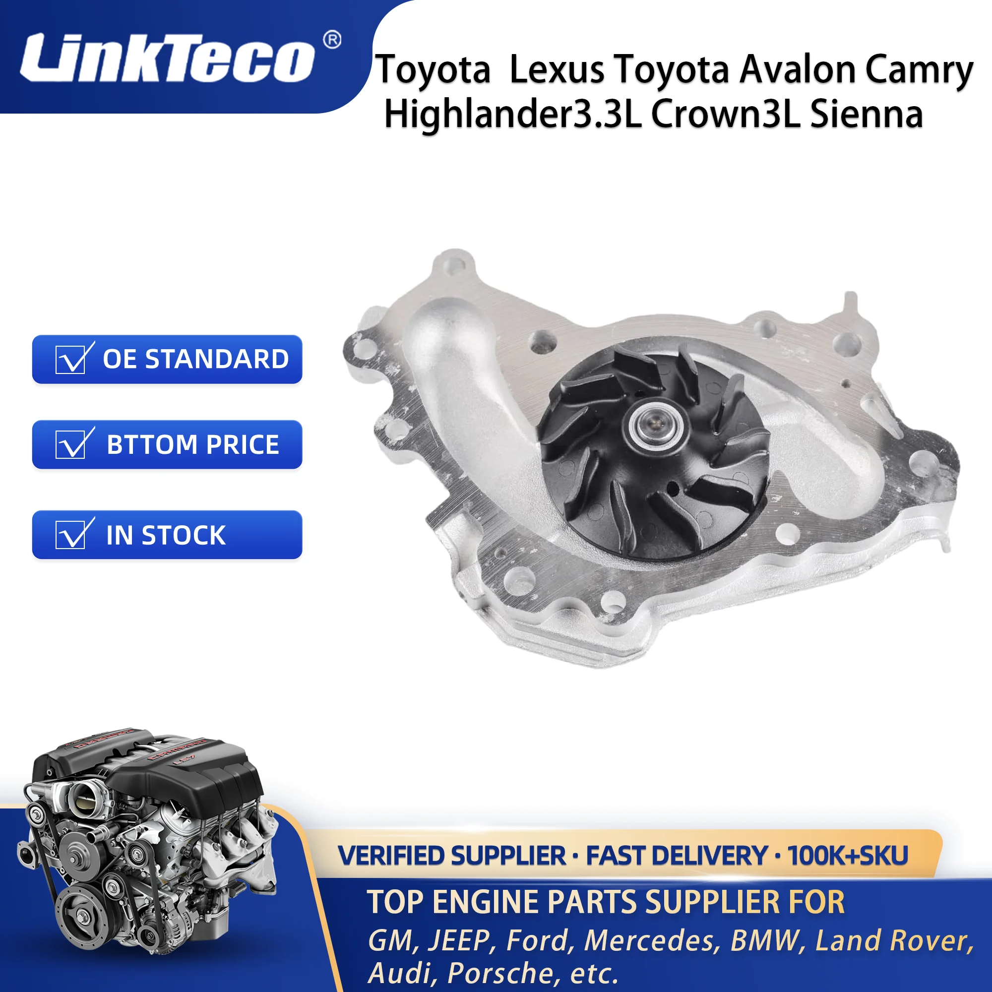 Linkteco Engine Water Pump for Select 94-10 Lexus ES300 Toyota Avalon Camry Highlander 3.3L Crown 3L Sienna 1610009070