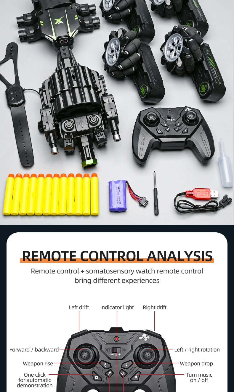 Tanque de control remoto 2,4 GHz 4WD Detección de gestos manuales RC Drift Stunt Car RC Tank con balas blandas