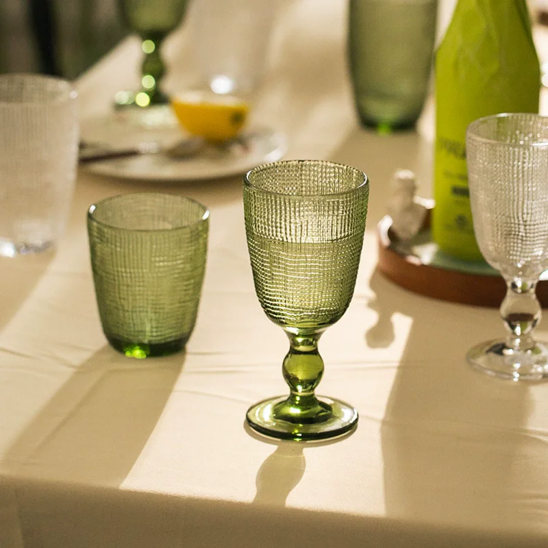 Wholesale Bulk Solid Colored Wine Glasses Machine Made Green Embossed Glass  Wine Goblets