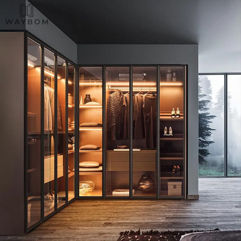 Eleganter Glas-kleiderschrank Mit Led-beleuchtung Glas-kleiderschrank Mit Aluminiumrahmen-finish Dünne Aluminium-glastür Schlanker Kleiderschrank