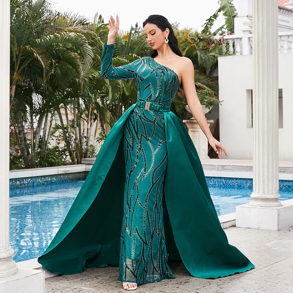 Missord Contrast Sequin One Shoulder Mermaid Hem Formal Dress With Skirt  One Hand Evening Dresses