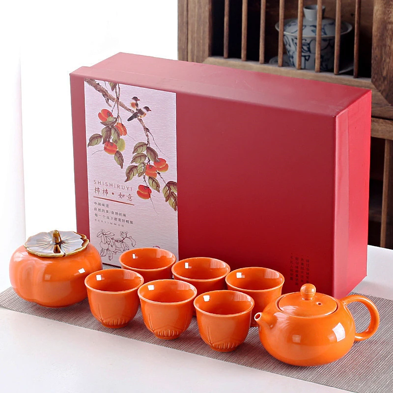 Persimmon Ruyi Tea Set Box Packaging Customized Logo Corrugated Mailing Pit Box Complete Set Pottery Porcelain Gift Drawer Box
