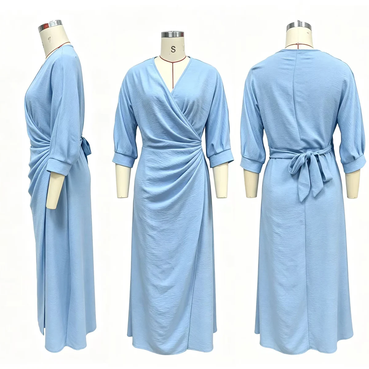 Elegant V-neck Puff Sleeve Lace-up Maxi Dress Ladies Leisure thumbnail