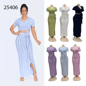 New Wholesale Summer Striped V-neck Short Sleeve Elastic Waist Dress Women's Suit