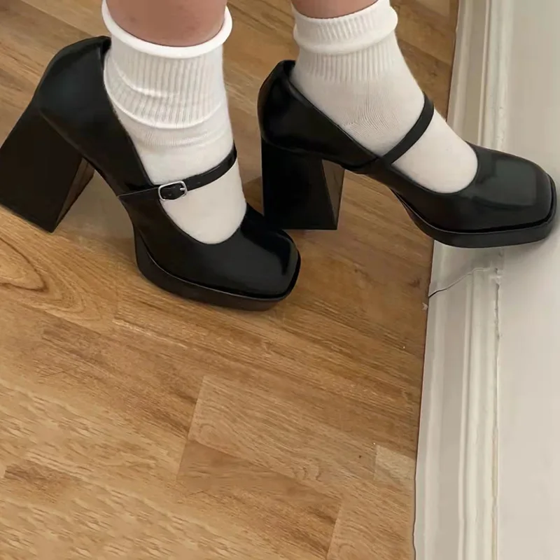 Elegant Mary Jane Shoes Platform Chunky Heel Autumn And Winter One Strap Square Toe Women High Heels Pumps - Image 6