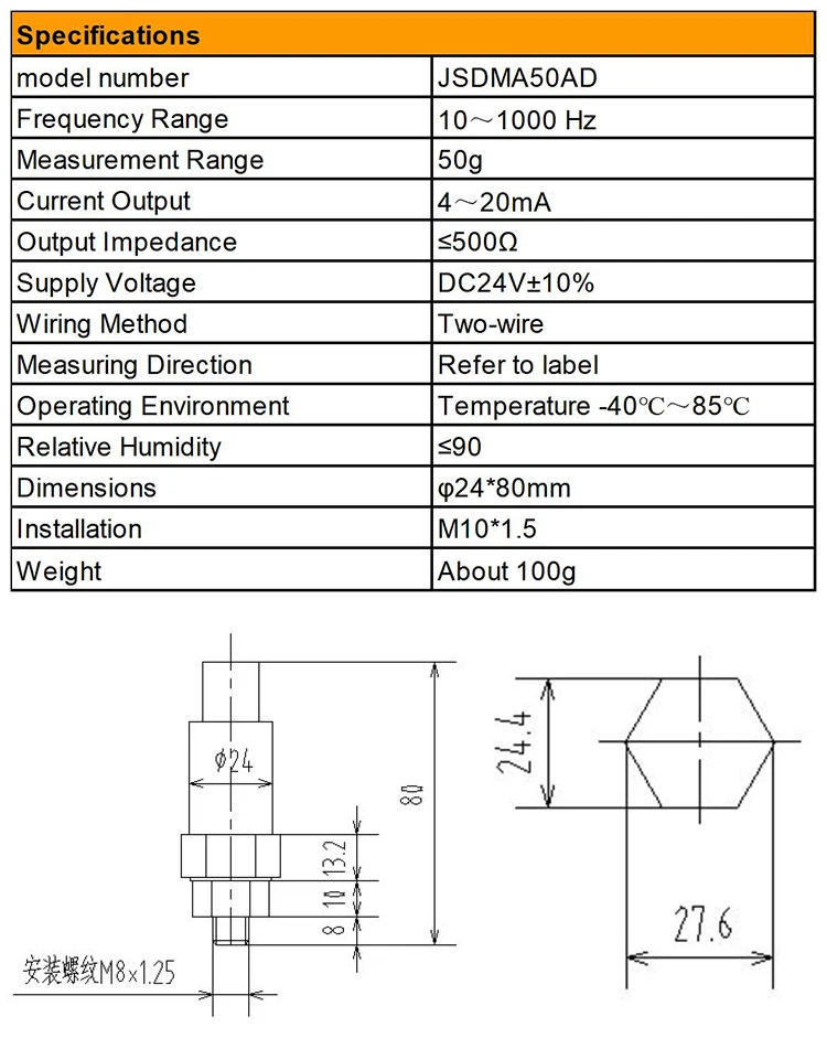 JSDMA50AD Isolated Floating Industrial Site Monitoring 4-20mA Strong Anti-interference Piezoelectric Acceleration Sensor details