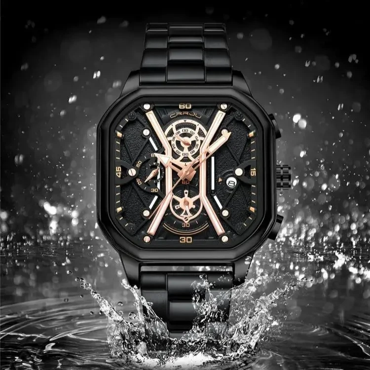 Reloj CRRJU para hombre, reloj de cuarzo negro cuadrado de negocios para  hombre, reloj de código de tiempo Simple impermeable, pulsera de acero