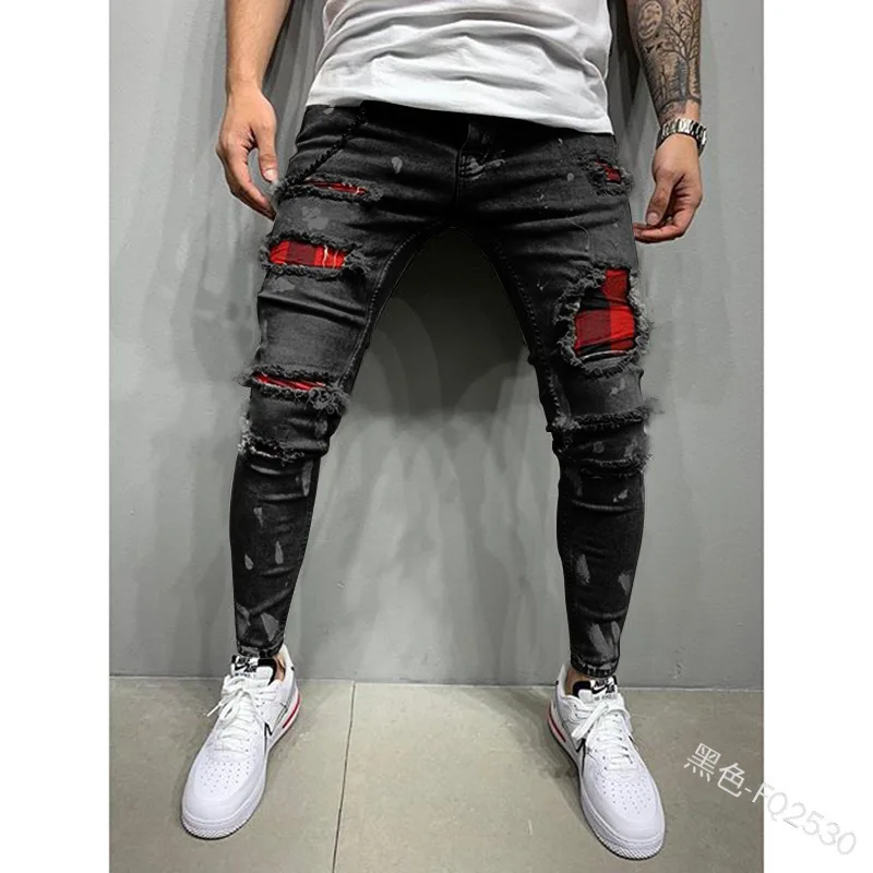 Mens Slim Shredding Boys Pants Ripped Denim Patched Jeans Pencil Street Trousers 