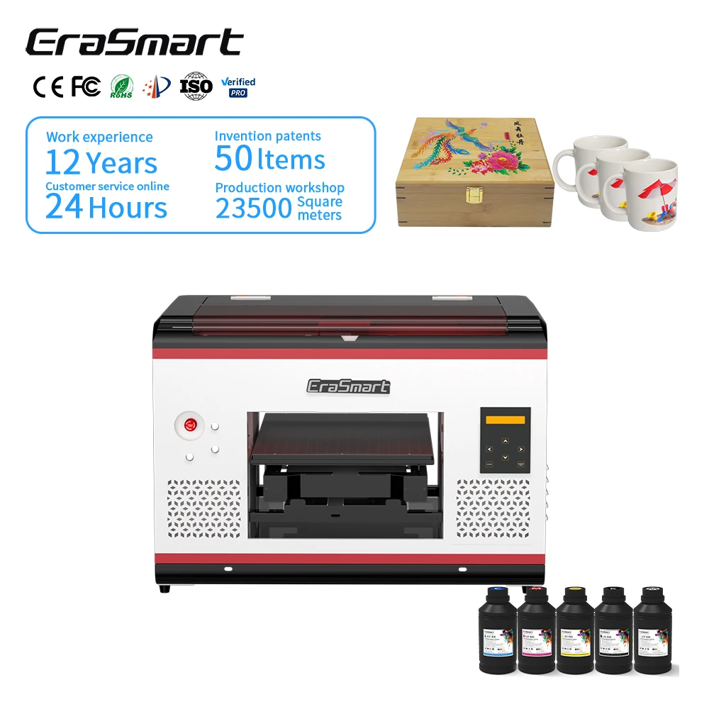Erasmart Brother Inject Printer Automatic 3d UV Flatbed Printer UV Printer for Phone case Mug Cup