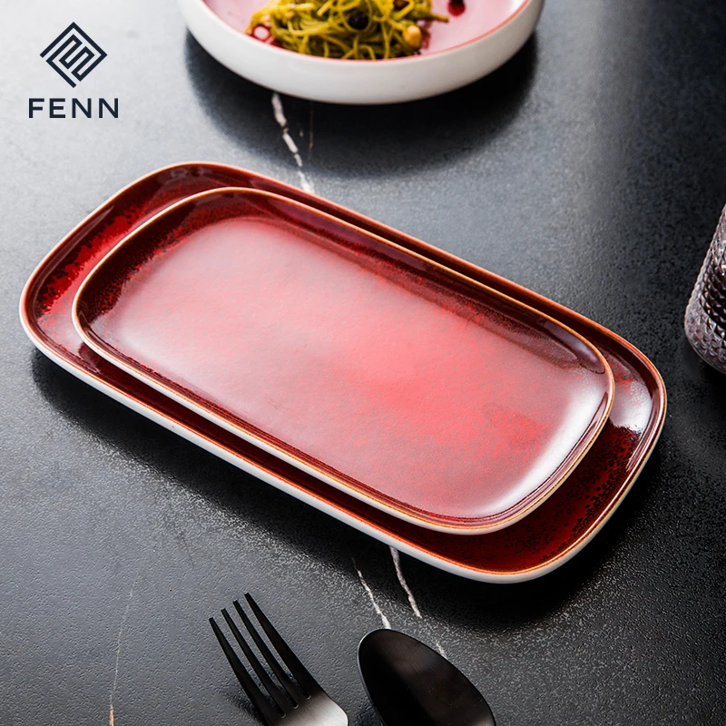 FENN Low MOQ Reactive Red Serving Tray Platter Hotel Restaurant Luxury Ceramic Appetizer Salad Meat Serving Platter