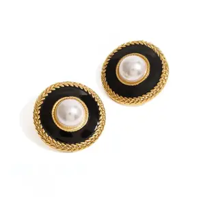 Classic 18K Gold Plated Women's Earrings Trendy Round Stud with Black Agate & Pearl on Stainless Steel Geometric Shape