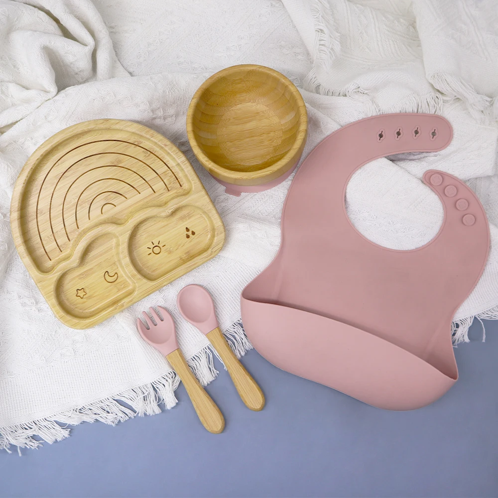 Melikey Custom Baby Tableware Weaning Set Bowl Spoon Kids Animal Suction Plate Baby Bamboo Feeding Set
