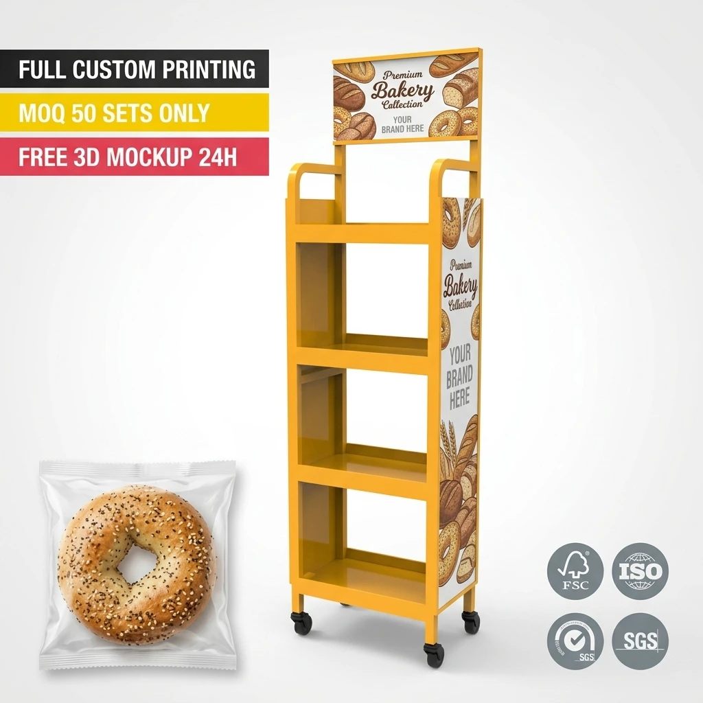 Estante de Exibição para Padaria em Metal Móvel Personalizada por Atacado, para Pães, Donuts e Doces, Estante de Chão com Rodas e Suporte para Logotipo, Fabricação sob Encomenda (OEM)