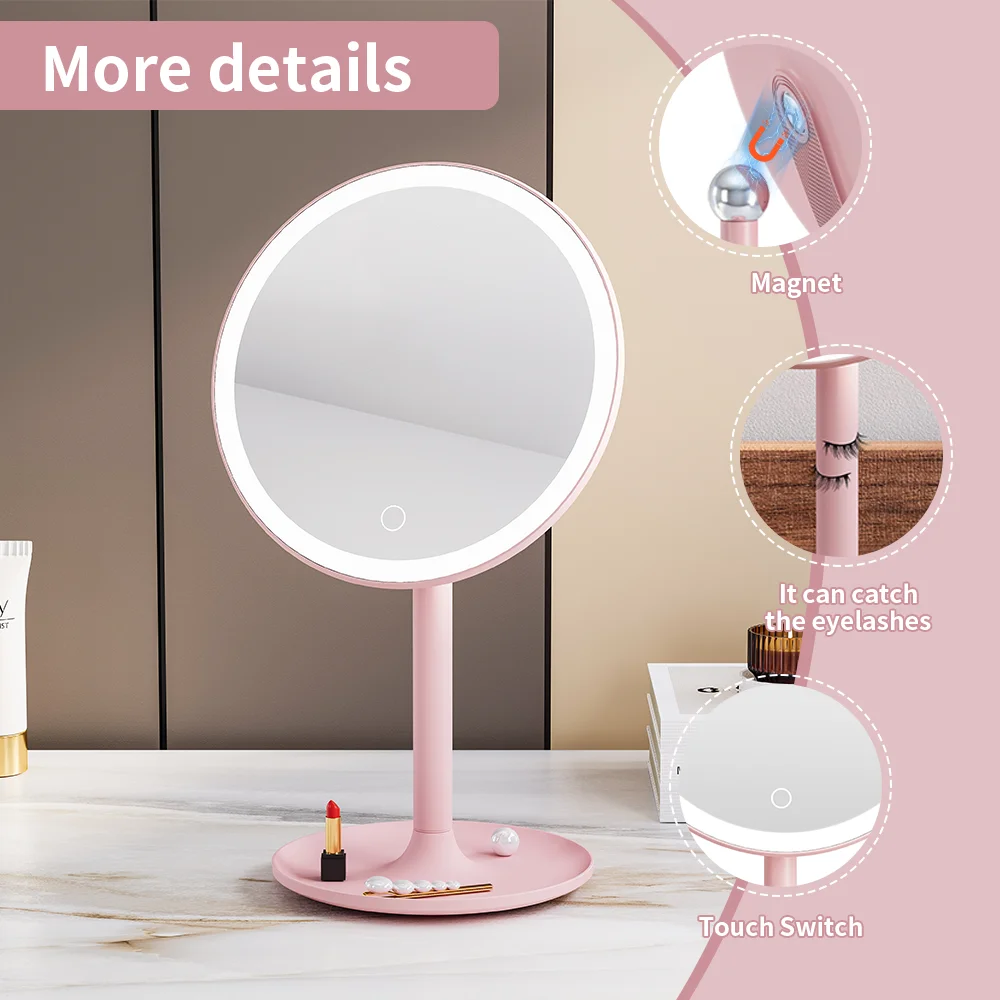 Eyelashes Can Be Magnetized to the Holder 360 Degree Rotation Pink Round Cosmetic Mirror Rechargeable Lighted Make up Mirror