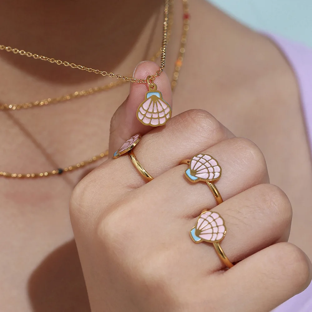 LiCai Summer Ocean Pink Shell Princess Dress Necklace Bracelet Anklet Ring  Stainless Steel Plated 18k Gold Jewelry Set for Girls