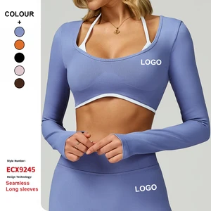 Custom High-Quality Seamless Top Yoga Long-Sleeves Fake Two-Piece Cropped Slim-Fit T-Shirts Women Running Fitness Wear