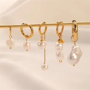 Natural Freshwater Baroque Pearl Hoop Earrings Stainless Steel Vintage Jewelry for Women