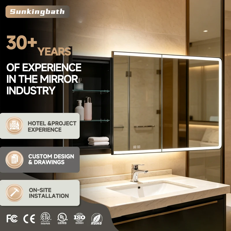 Luxury Design Bath Mirrors Cabinet Aluminum Alloy Frame Led Mirror Cabinet Anti Fog Illuminated Medicine Cabinet with Mirror
