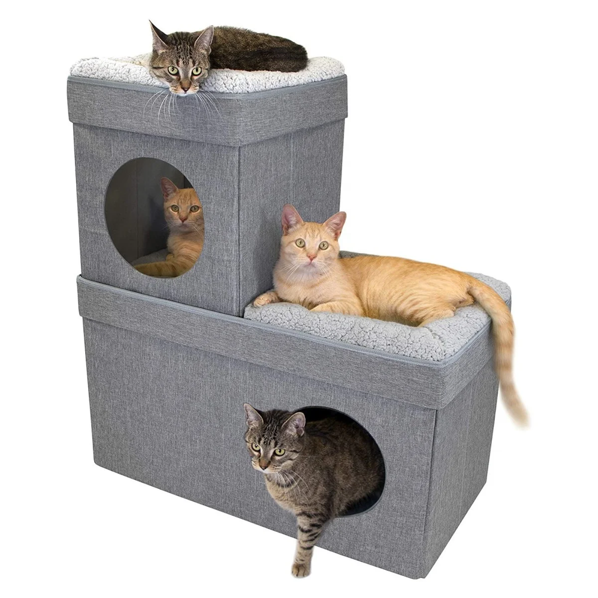 Kitty Large Stackable Grey Cat Cube, Cat House, Pop up Bed Ottoman, Mansion