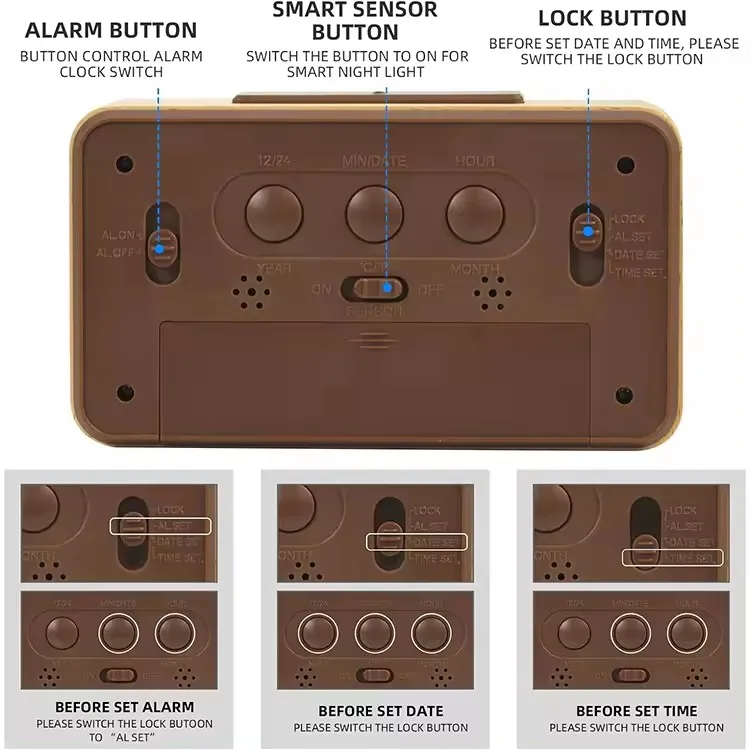 Battery Operated Lcd Smart Thin Digital Bamboo Wooden Table Temperature and Humidity Display Clock Temperature Humidity