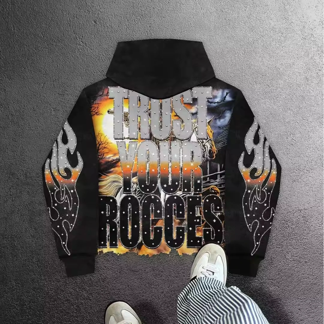 SALATI Custom Heavyweight High-Quality Hot-Fix Rhinestone DTG Print 100% Cotton Irregular Hem Screen-Printed Pullover Hoodie gallery 3