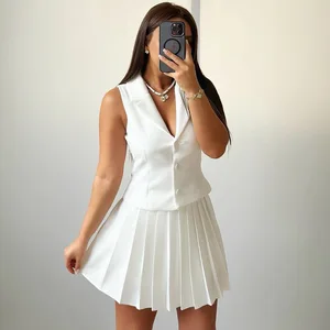 Fashion Skirt Two Piece Sets Women V Neck Single-breasted Vest Tops and Pleated Mini Skirt Sexy Two Piece Sets Clothes