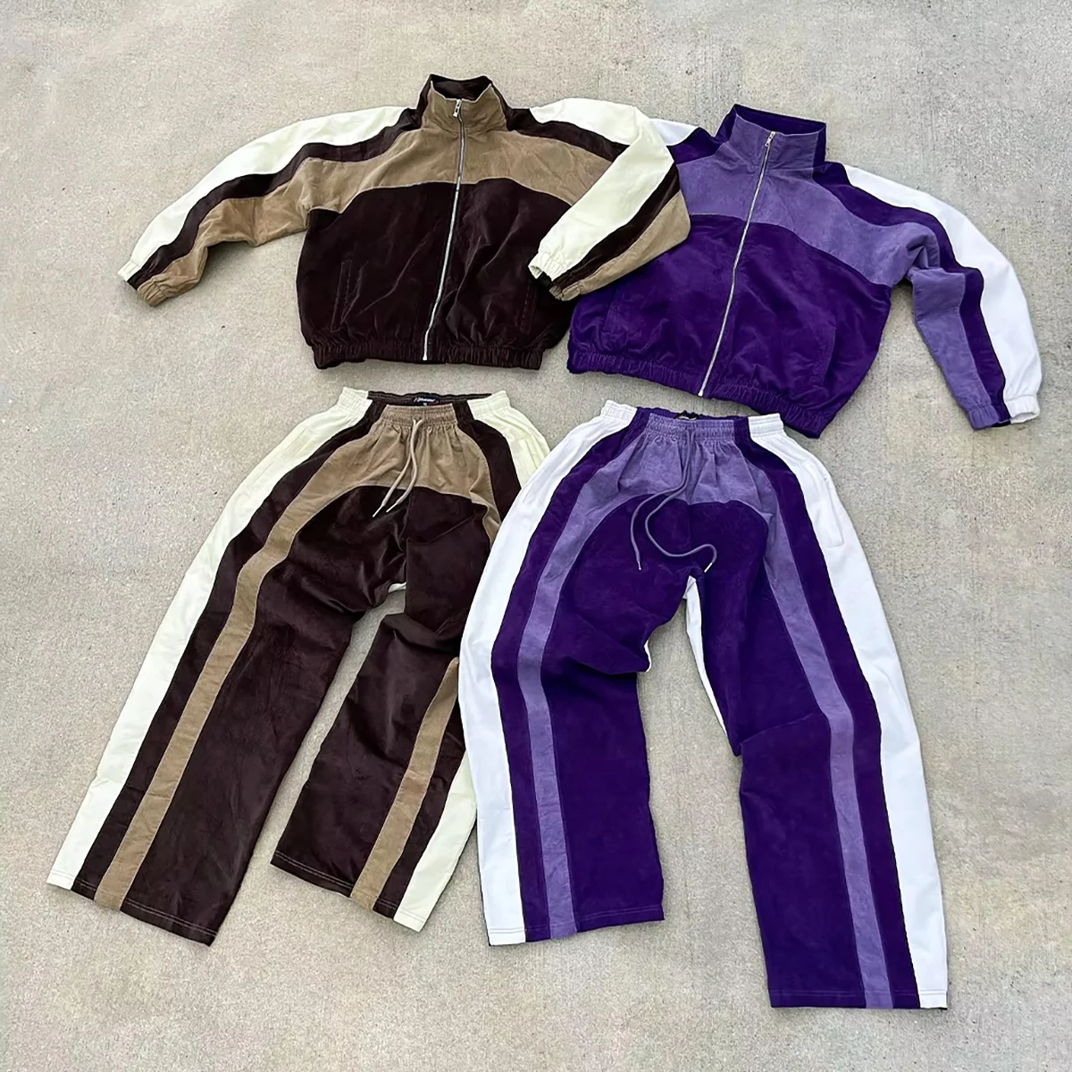 Mens Sweatpants and Hoodie Set Zip up Custom Design Oversized Streetwear Color Block Patchwork Corduroy Running Jacket Tracksuit