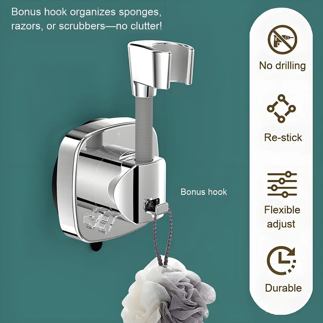 Flexible shower holder VELLORA with vacuum suction cup, with hook, no drilling